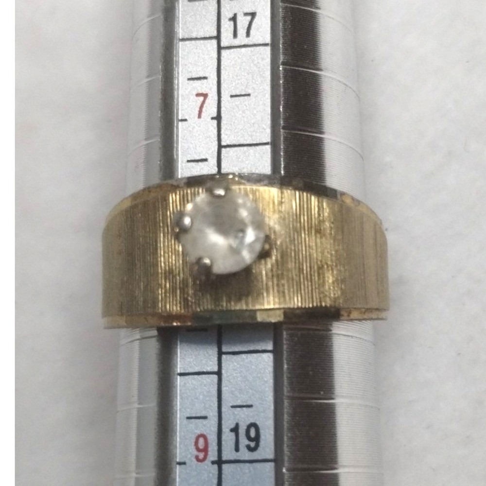 Vintage Gold Tone Wide Brushed Band Solitaire Ring Size 8 Faux Diamond MCM Style